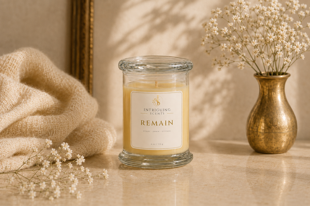 REMAIN candle by Intriguing Scents in a clear glass jar on a warm neutral surface.